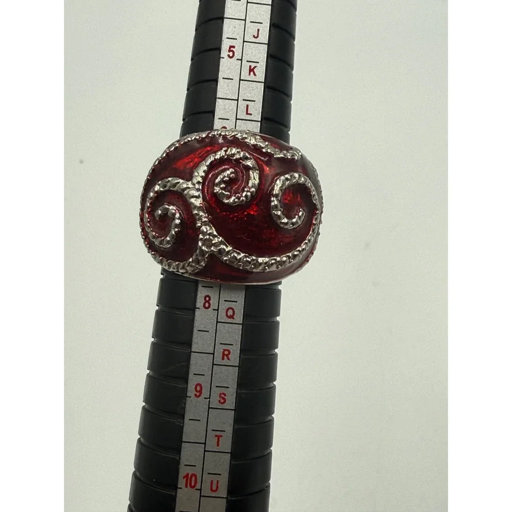 Red Enamel Silver Tone Swirl Statement Cocktail Dome Ring Size 7.5